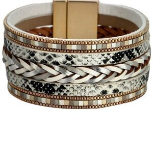 Boho Multi Layer Leather Braided Snake Pattern Magnetic Buckle Bracelet